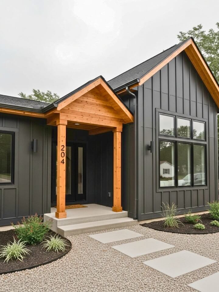 charcoal siding with natural wood details