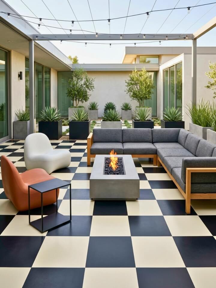 checkerboard epoxy patio flooring ideas