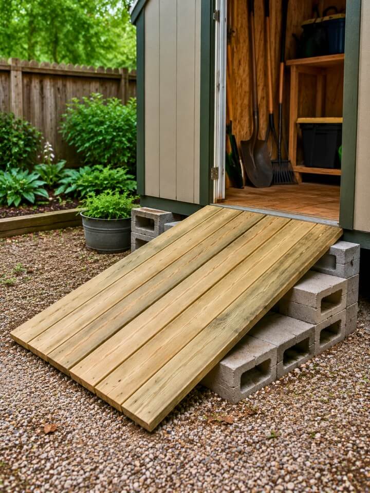 cinder block and plank access for shed