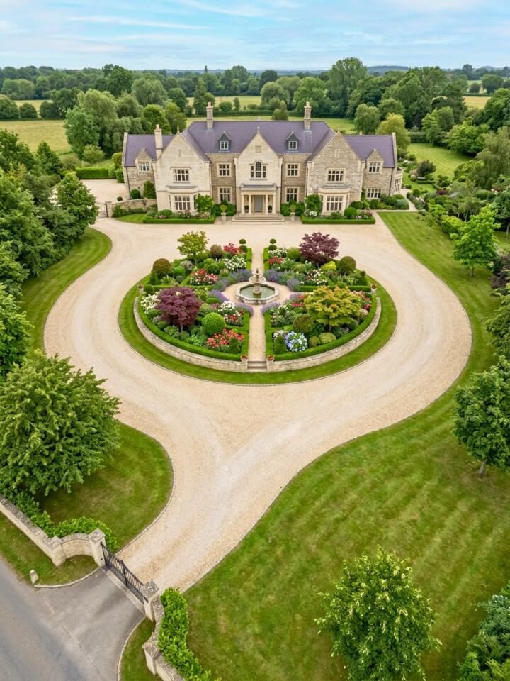 circular gravel driveway with garden center