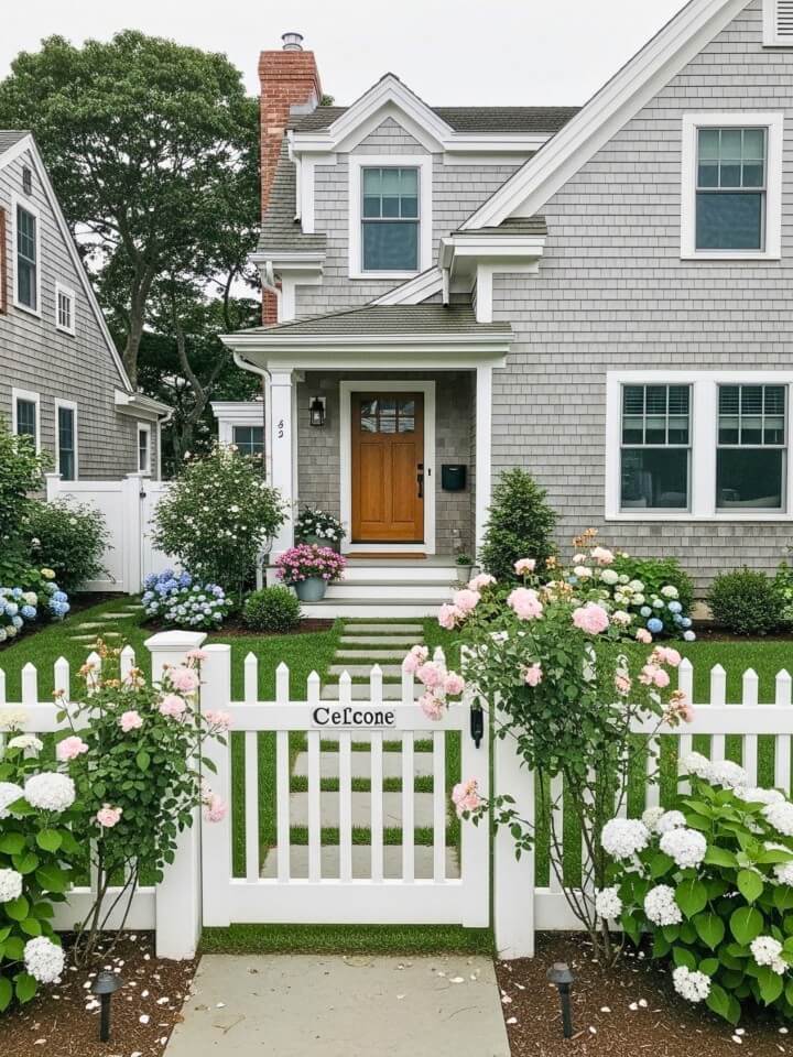 classic cape cod front yard with white picket fence