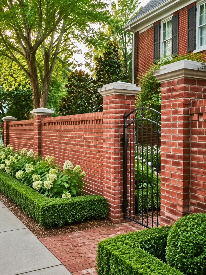 classic red brick privacy fence with capstone