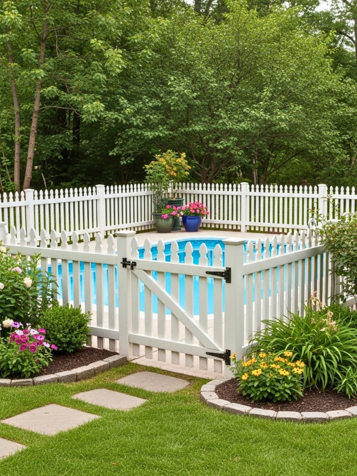 classic white picket pool fence