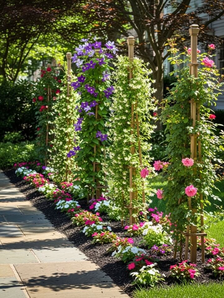 climbing vines on trellises to frame paths