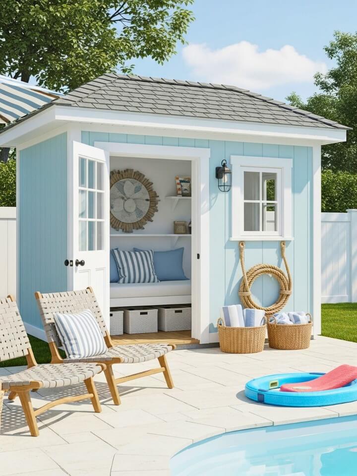 coastal pool cabana with blue and white details
