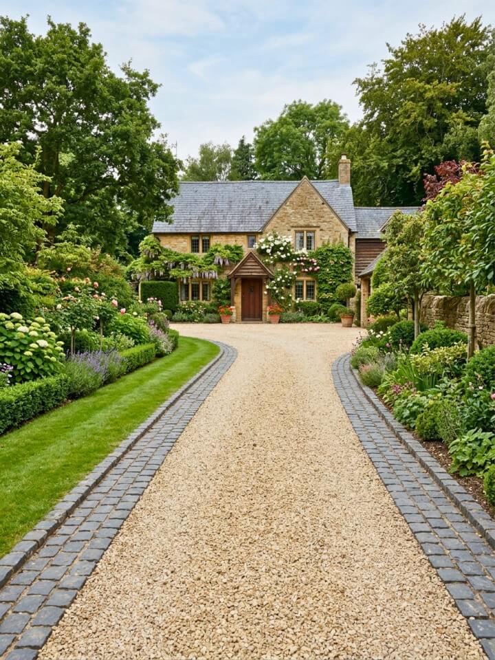 cobblestone border gravel driveway