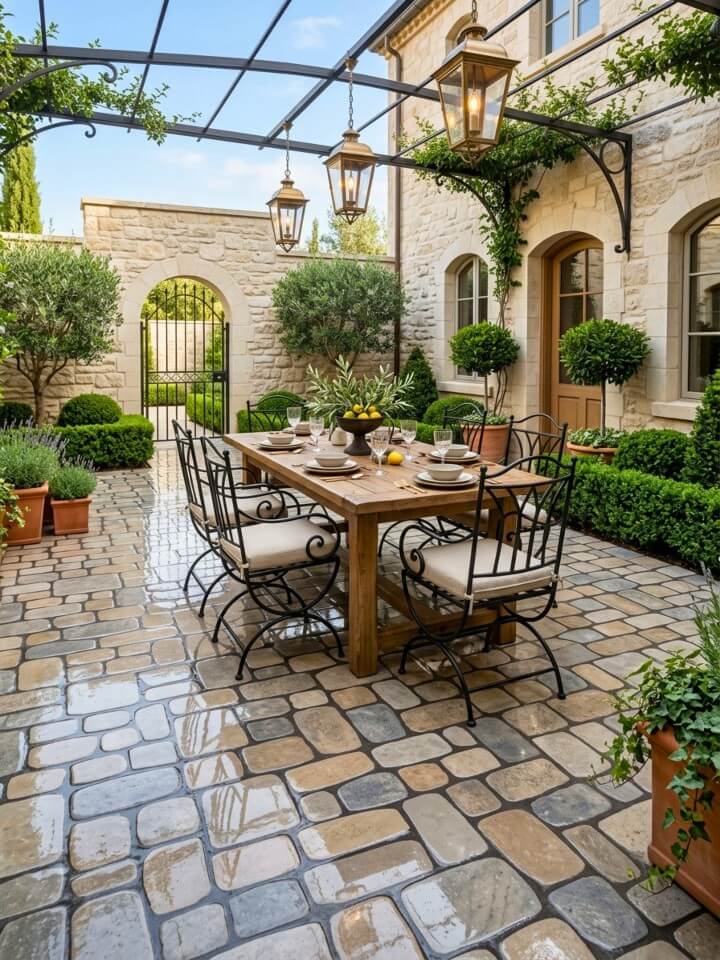 cobblestone style epoxy courtyard idea