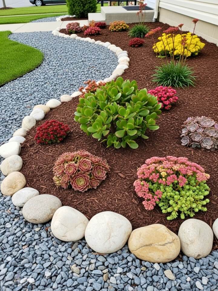 colorful desert plants in easy care front garden beds