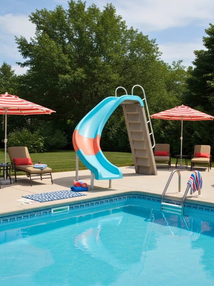 colorful fiberglass slide for a playful pool area