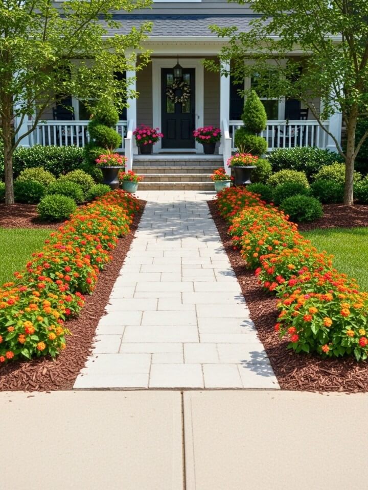 colorful lantana borders along front walkways