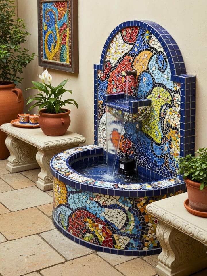 colorful mosaic tile fountain