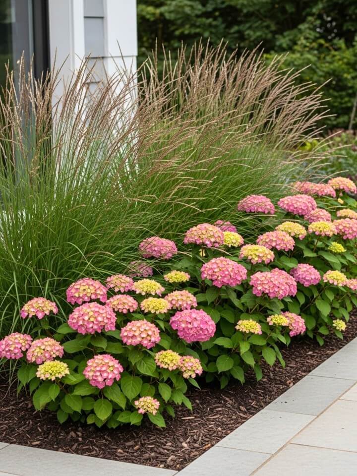 combine hydrangeas and ornamental grasses