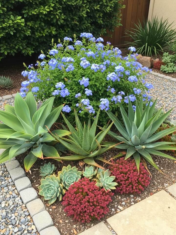 combine plumbago with succulents for low maintenance beds