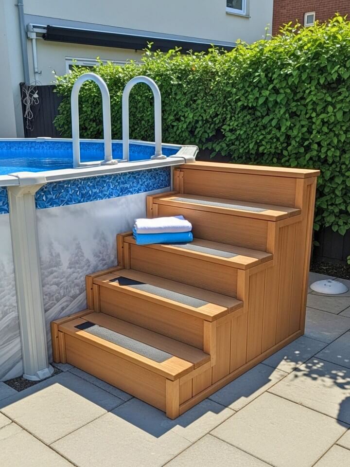 compact corner steps with a built in bench for above ground pool