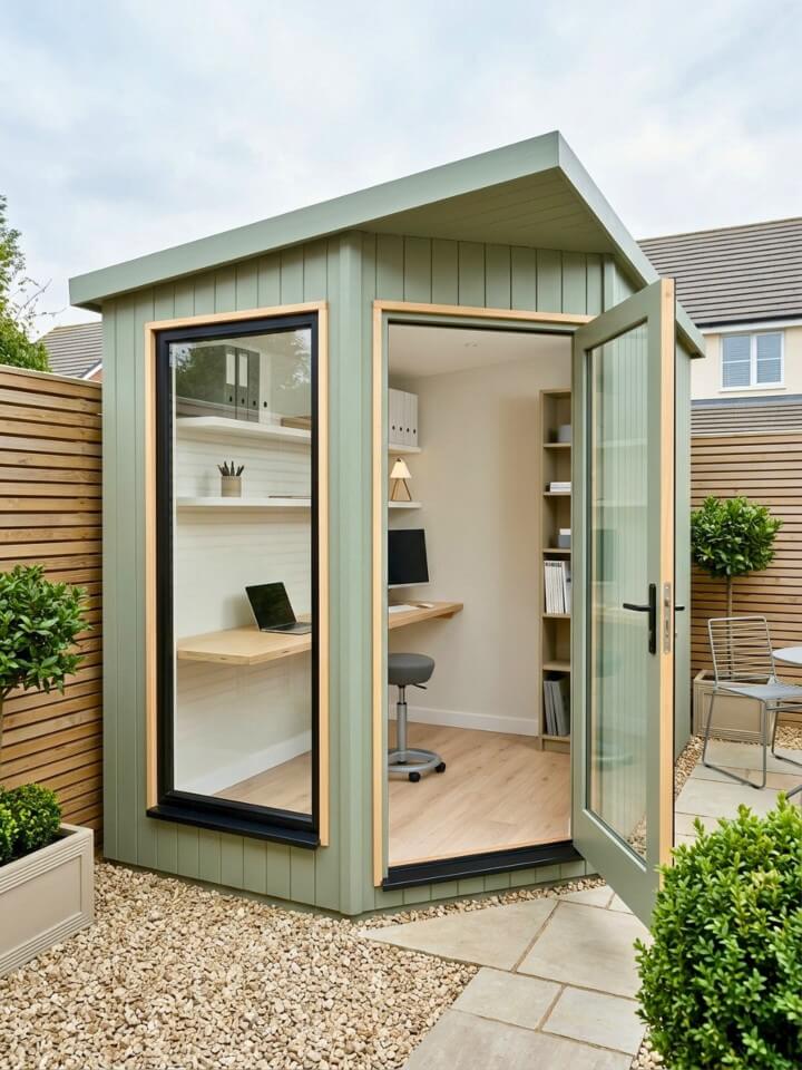 compact corner yard shed office idea