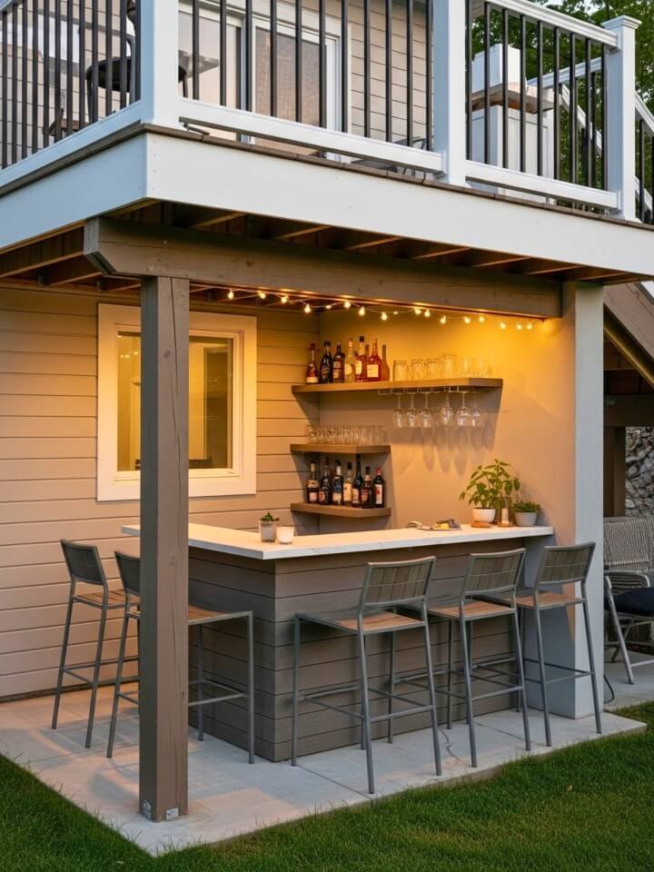 compact outdoor bar under deck with counter and stools