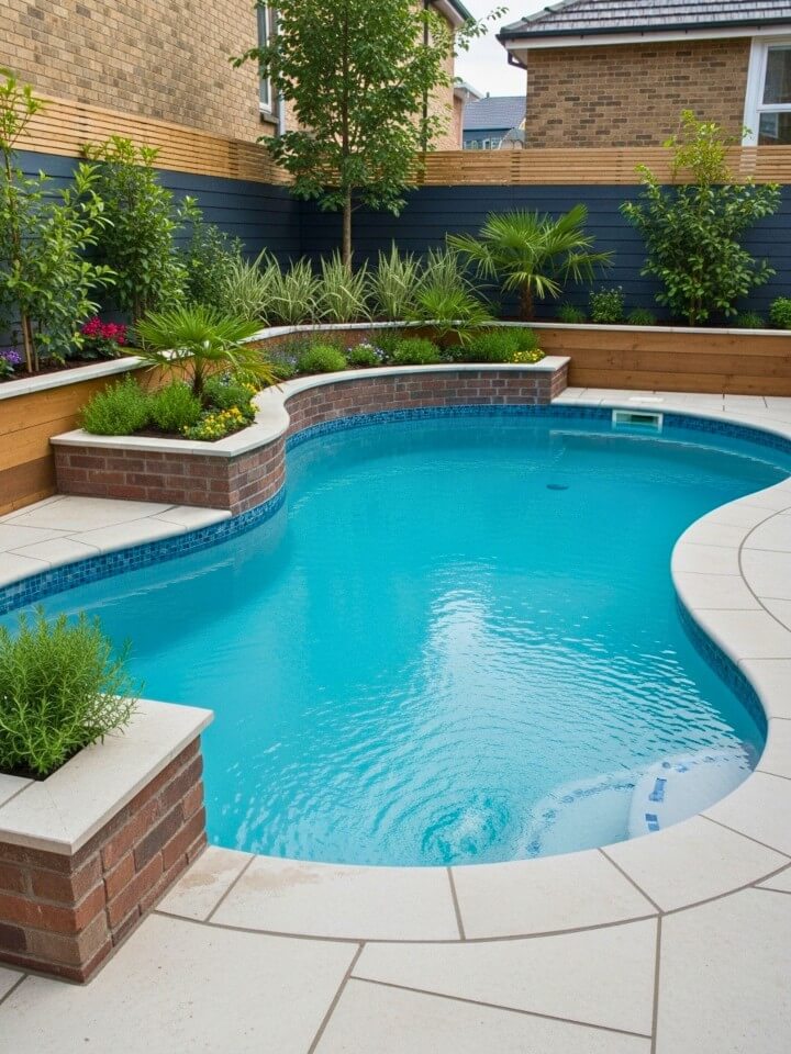 compact pool with raised planters