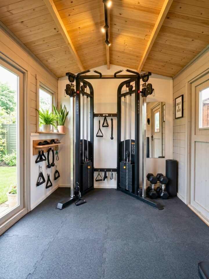 compact shed gym with multi machine setup