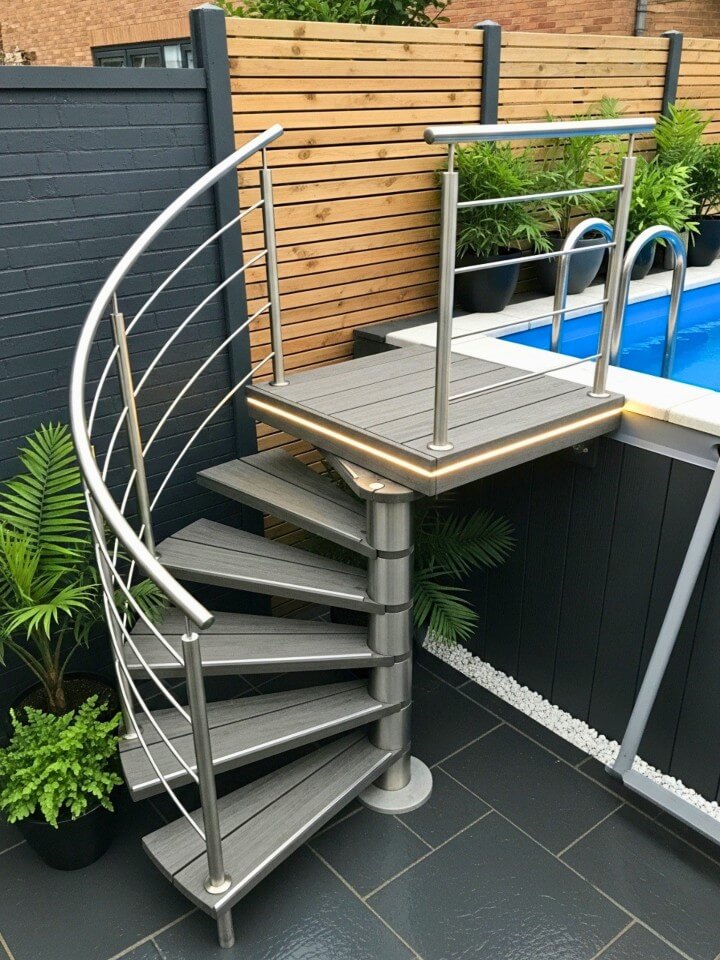 compact spiral steps for small backyard pool areas