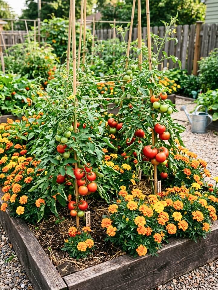 companion planting tomatoes marigolds bed