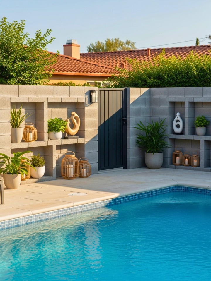 concrete block pool fence with decorative niches