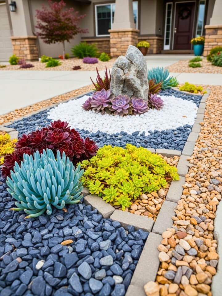 contrasting gravel borders for a modern succulent bed