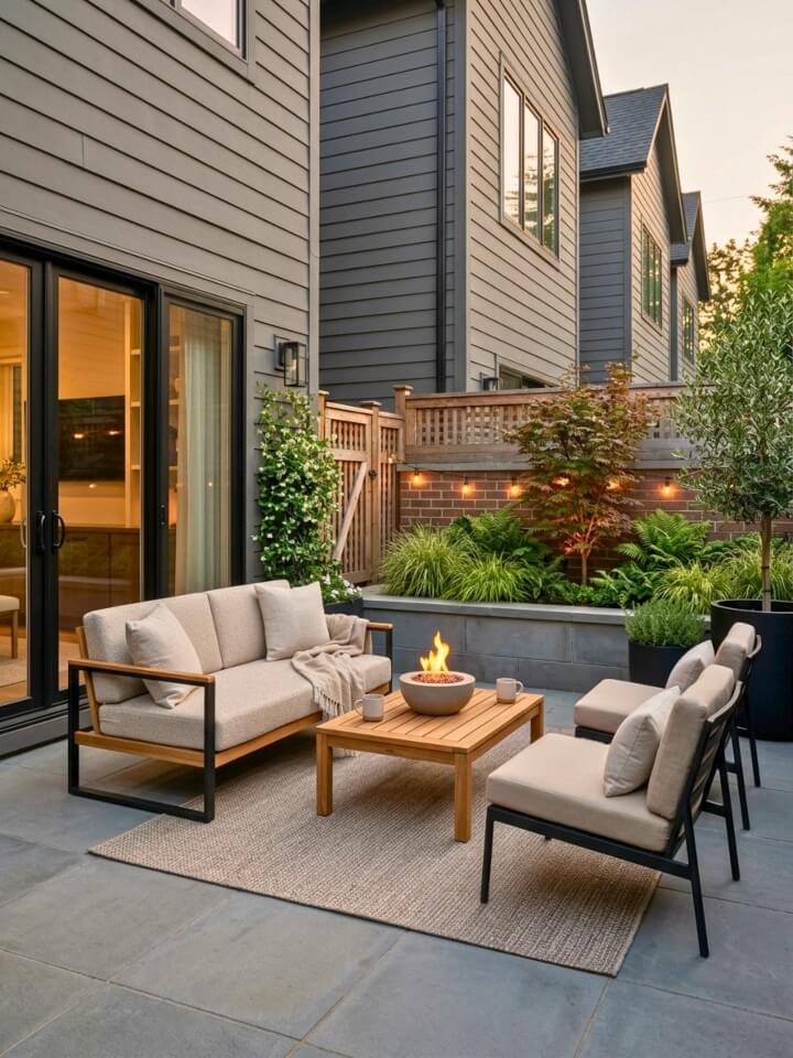 corner fire feature for small urban patio