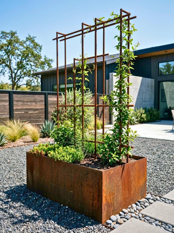 corten steel rebar trellis industrial outdoor garden planter