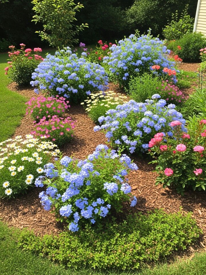 cottage garden beds featuring blue plumbago