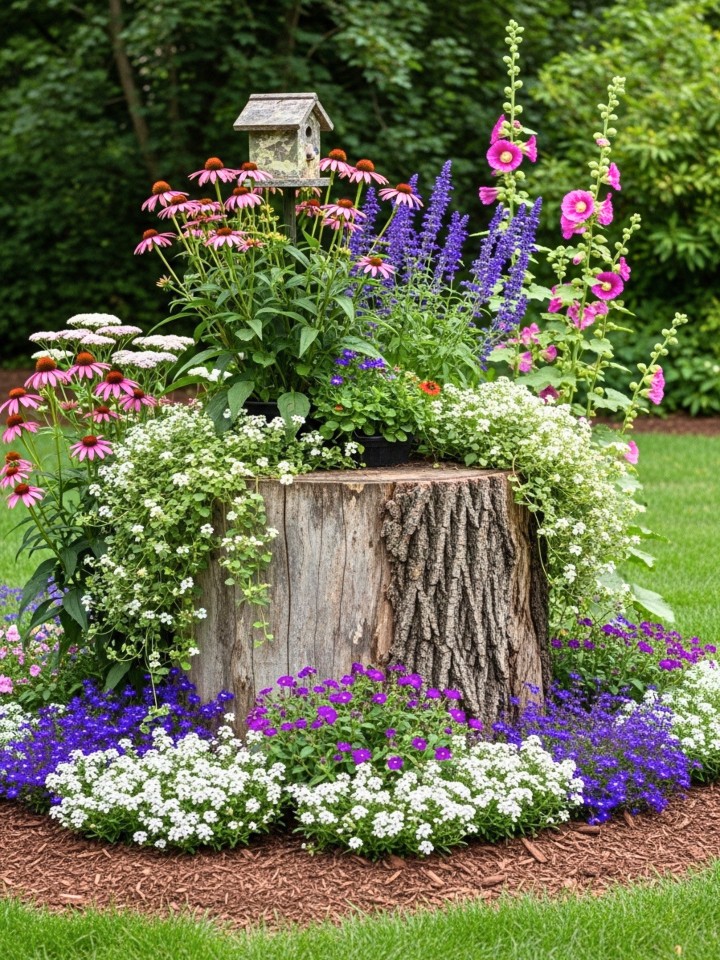 cottage garden tree stump decor for front yard