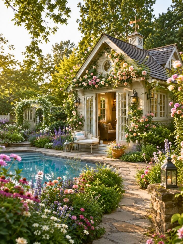 cottage small pool house with flower beds