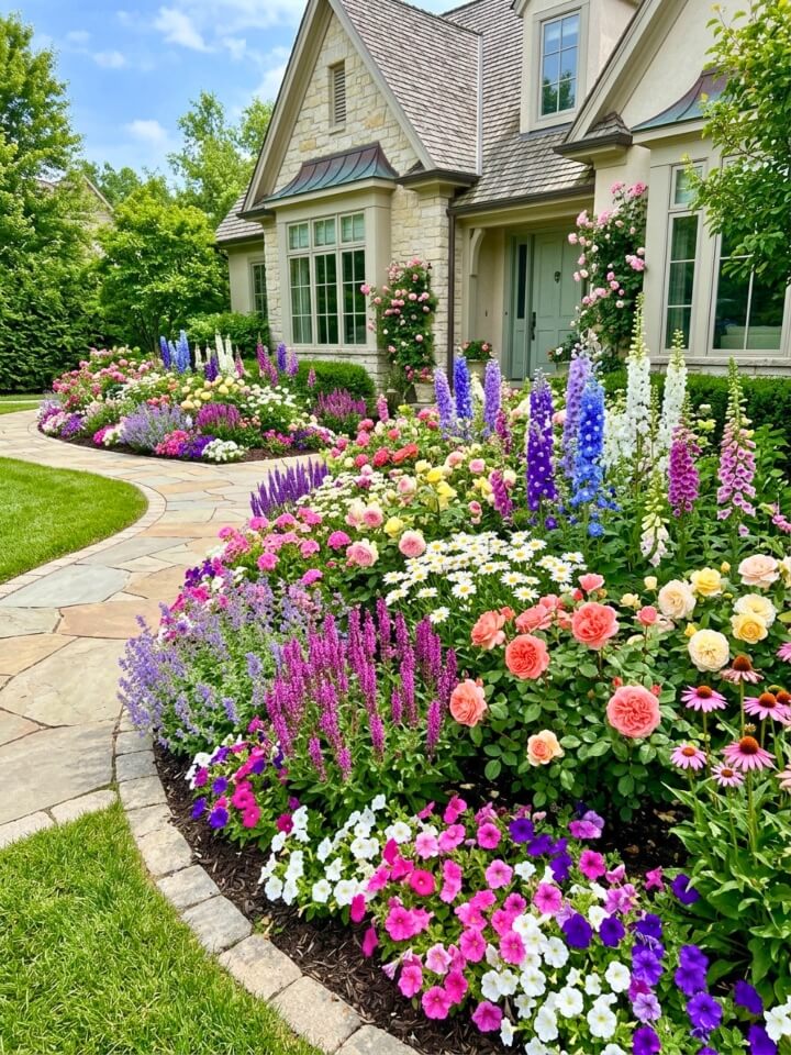 cottage style flower bed border planting front yard landscaping