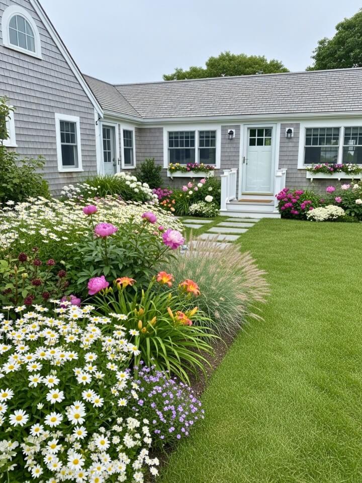 cottage style flower beds for a cape cod front yard
