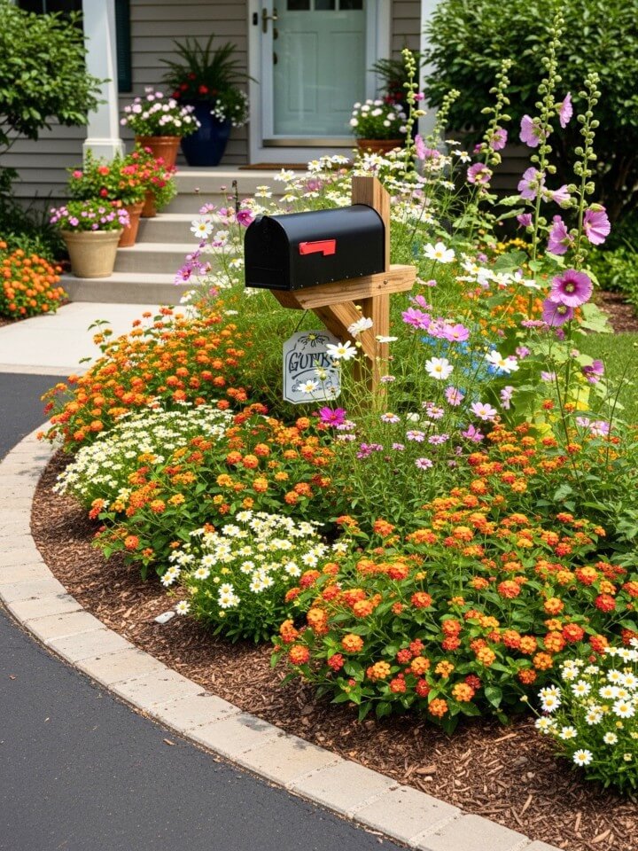 cottage style flower clusters beside the driveway