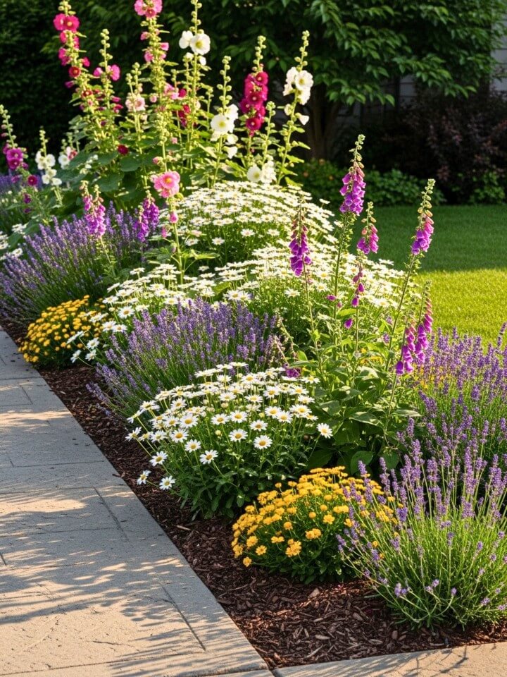 cottage style flower strips along pathways