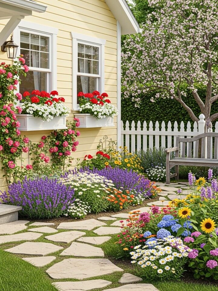 cottage style retreat with a flower garden