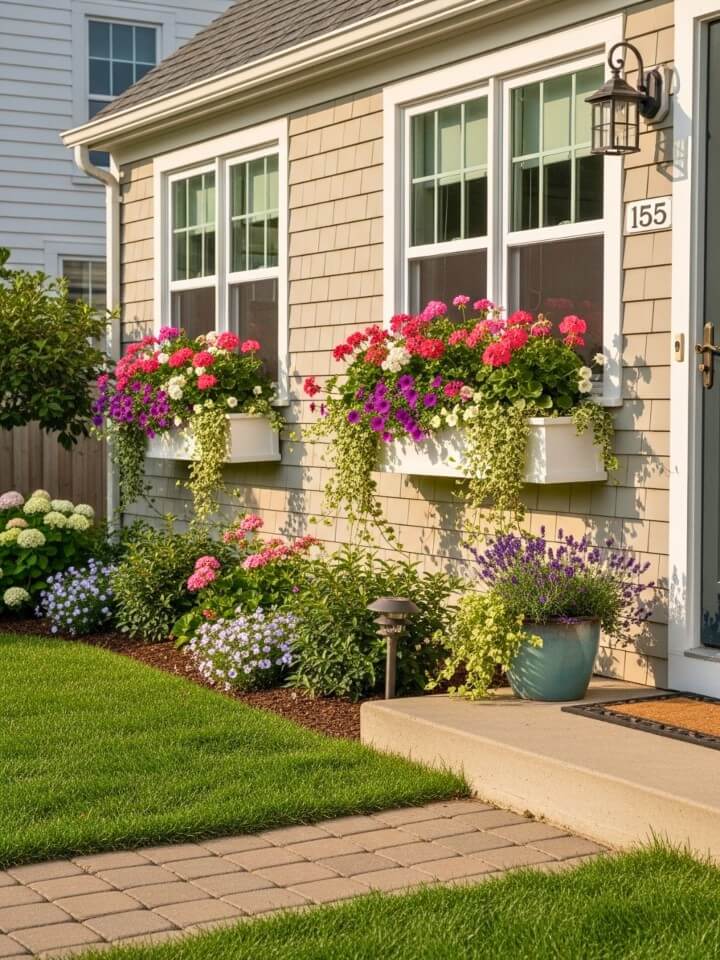 cottage window boxes with colorful flowers