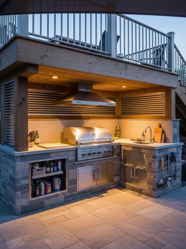 covered grill station under deck with prep counter