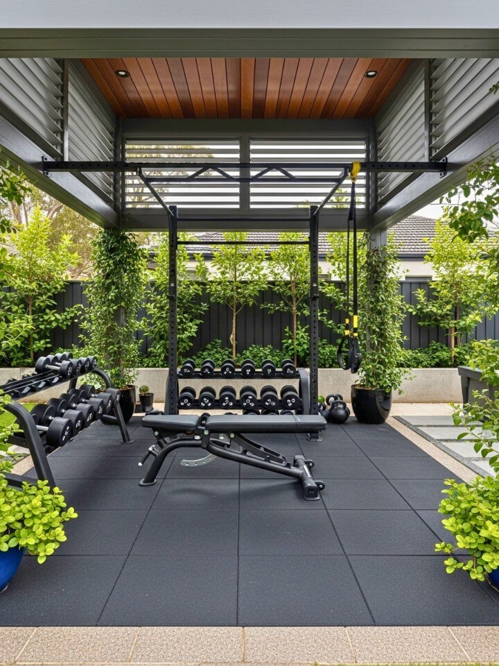 covered patio backyard gym setup