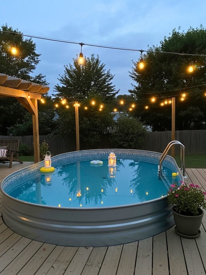 cozy evening pool area with string lights