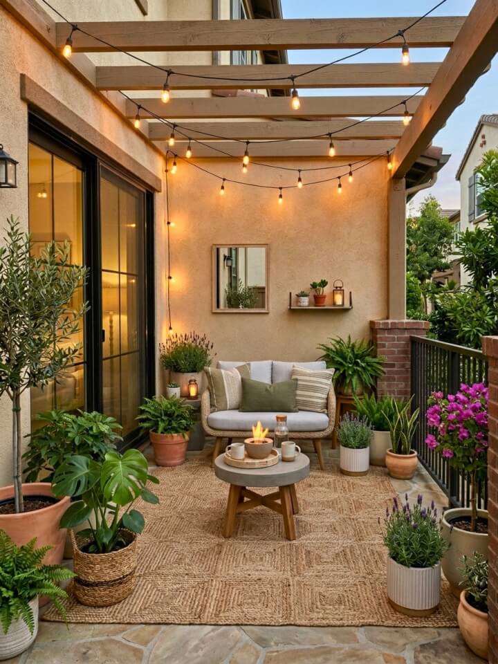 cozy outdoor lounge nook for townhouse patio