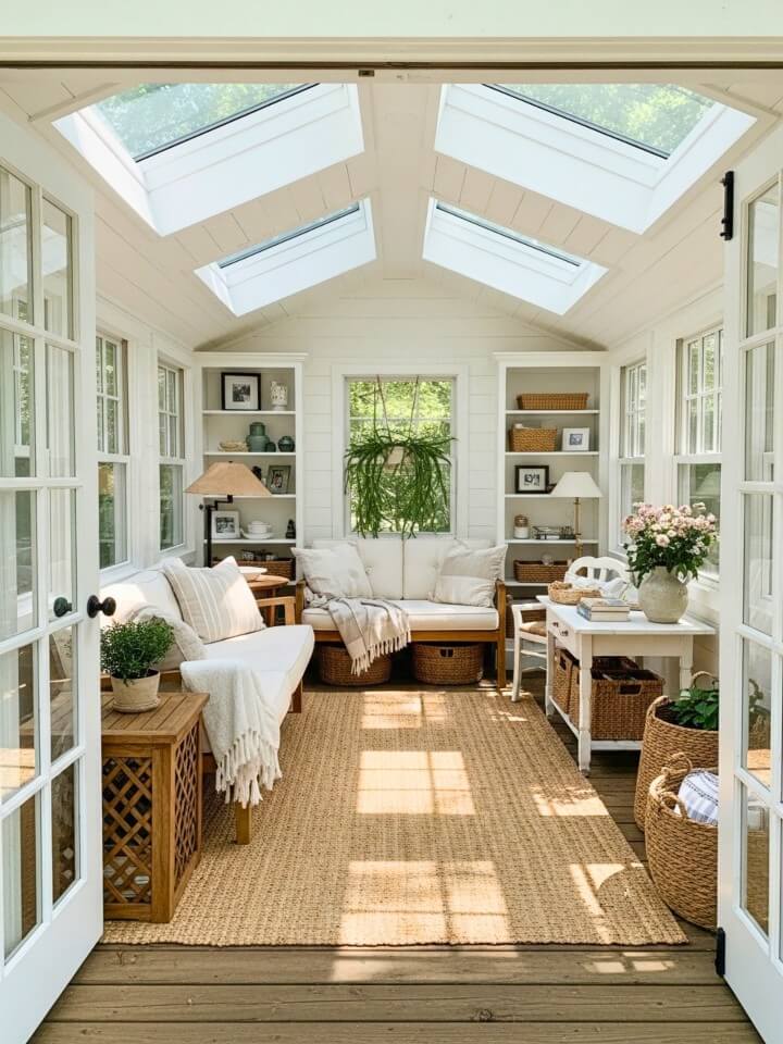 cozy poolside cottage with skylights