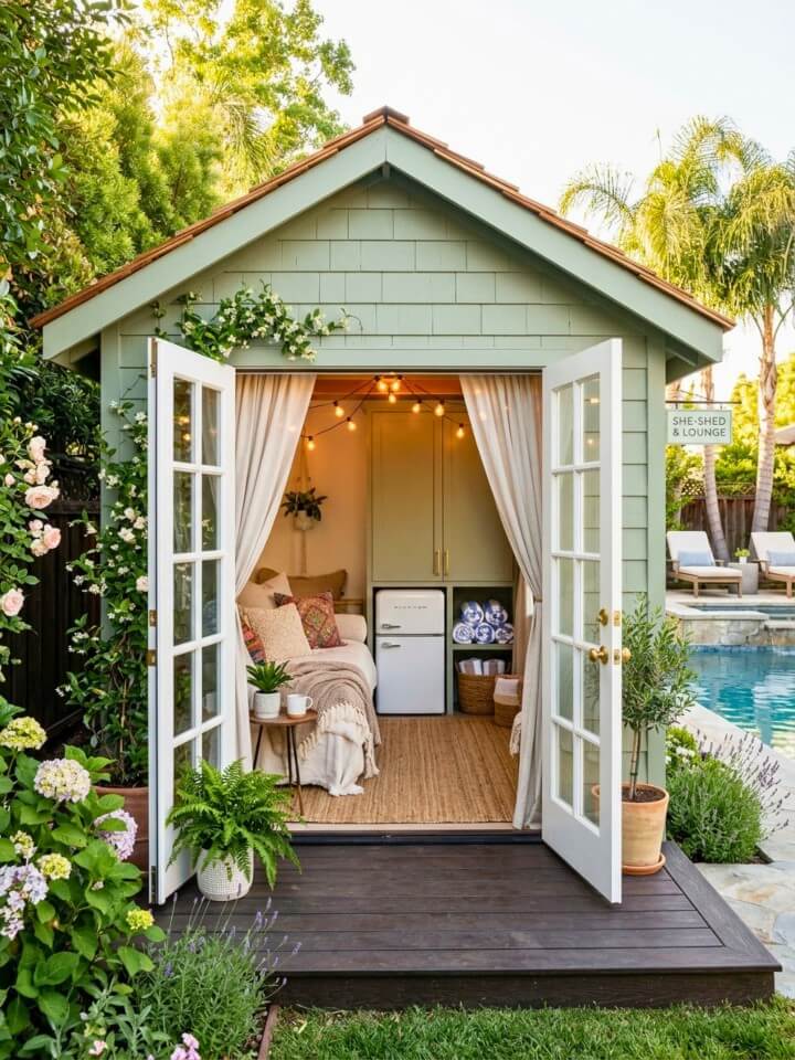 cozy she shed lounge by the pool
