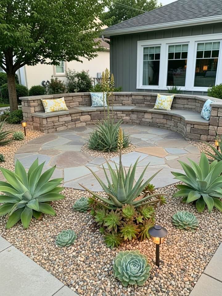 cozy stone patio surrounded by low water greenery