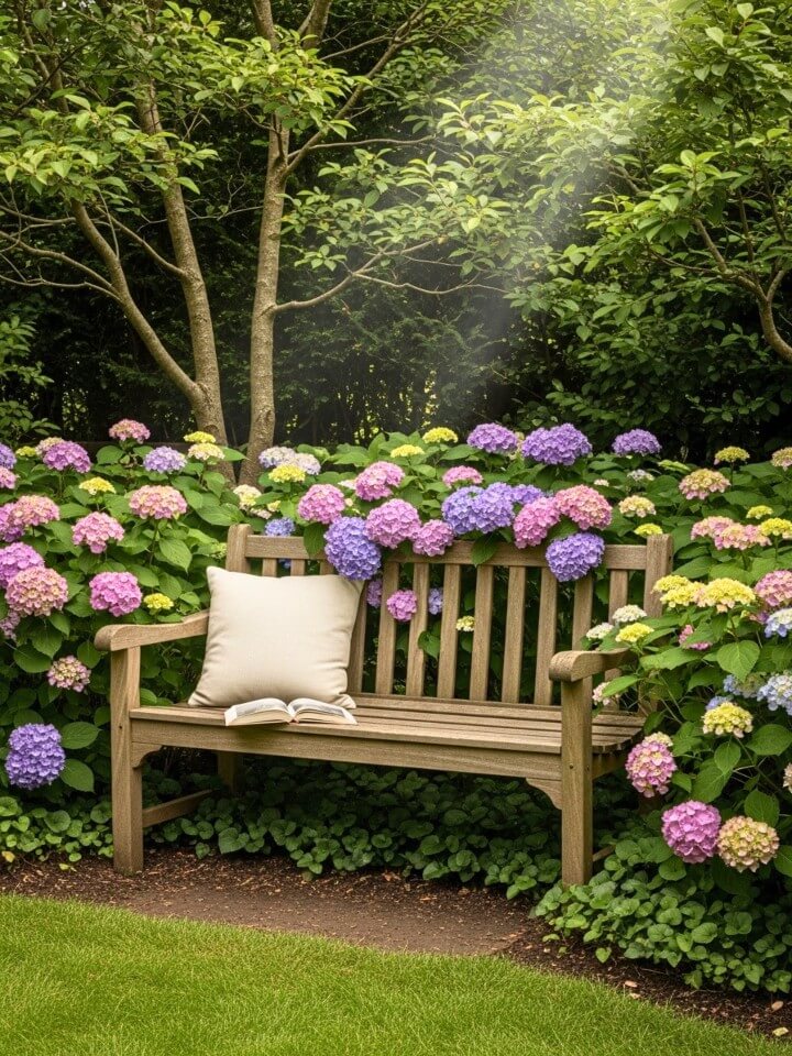 create a peaceful seating area with hydrangeas