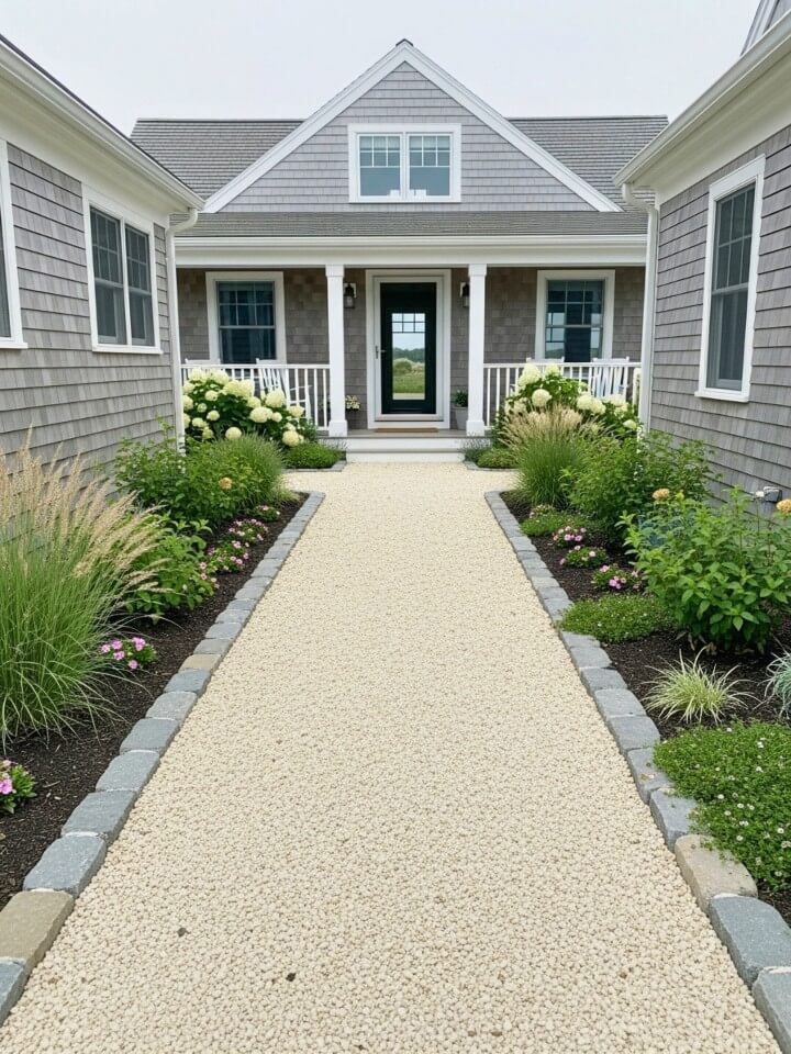 crushed shell or gravel path for a beachy front yard