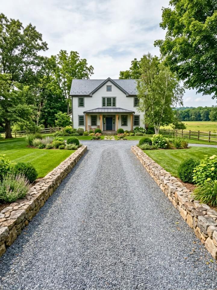 crushed stone driveway with natural border