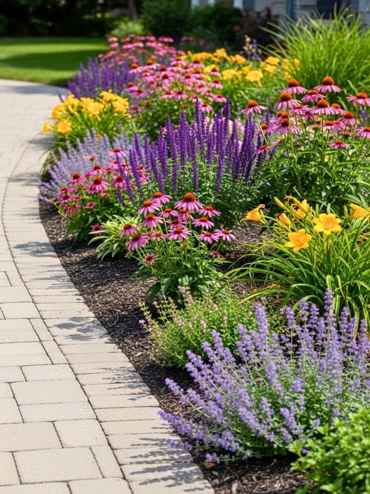 curved flower beds along walkways