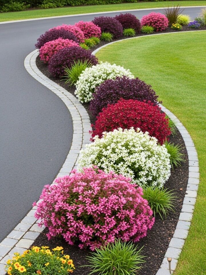 curved garden borders with colorful shrubs