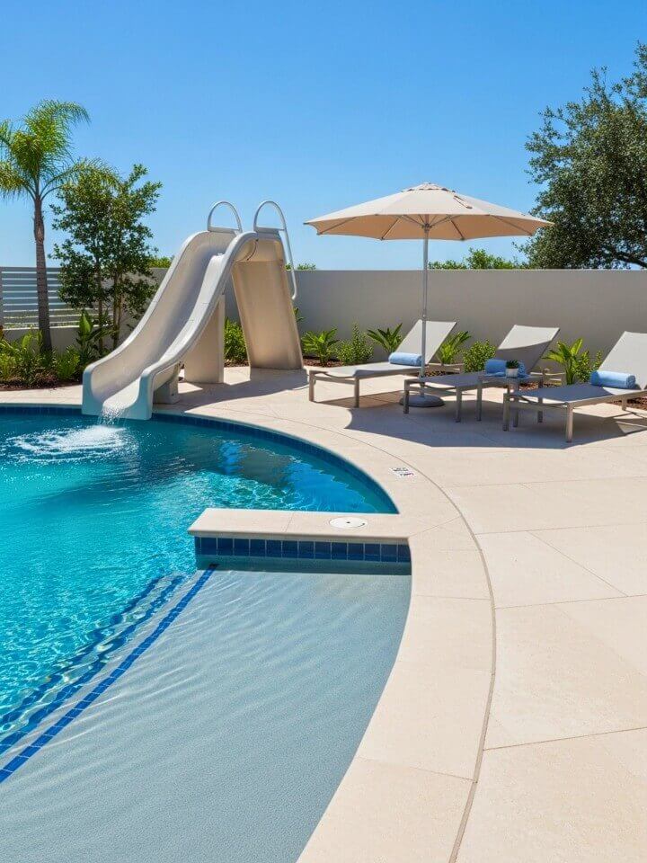 curved slide leading into a lounge friendly pool